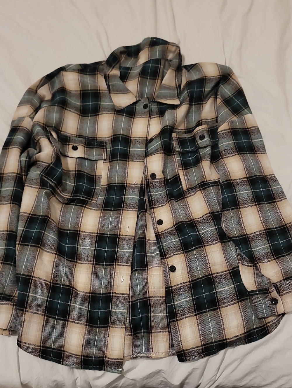 Green and Cream Plaid Button-Up Shirt